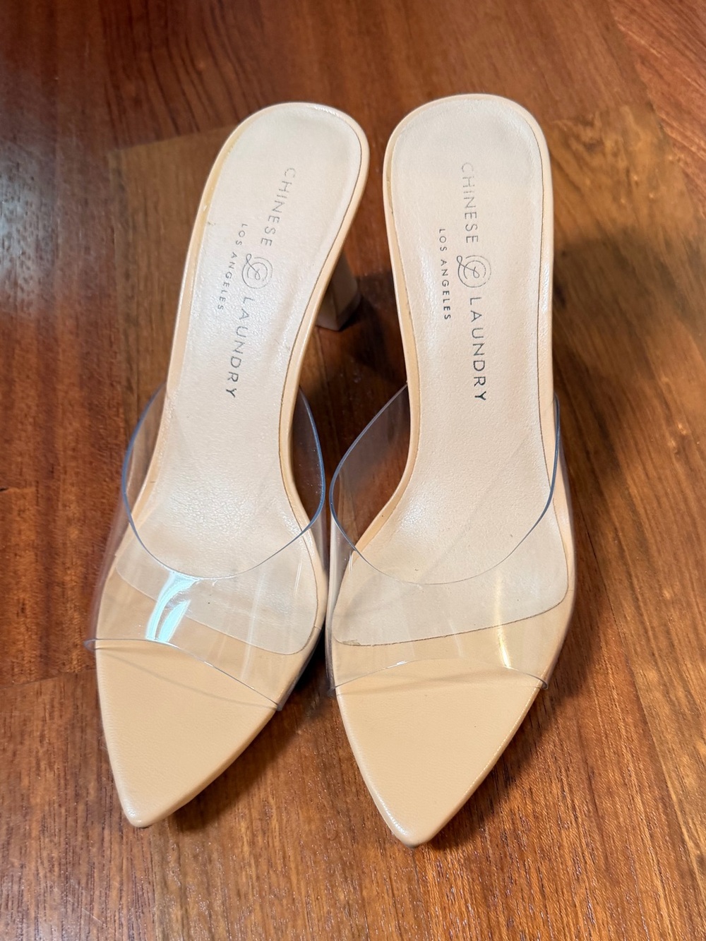 Chinese Laundry Nude Pointed Toe Mules with Clear Strap